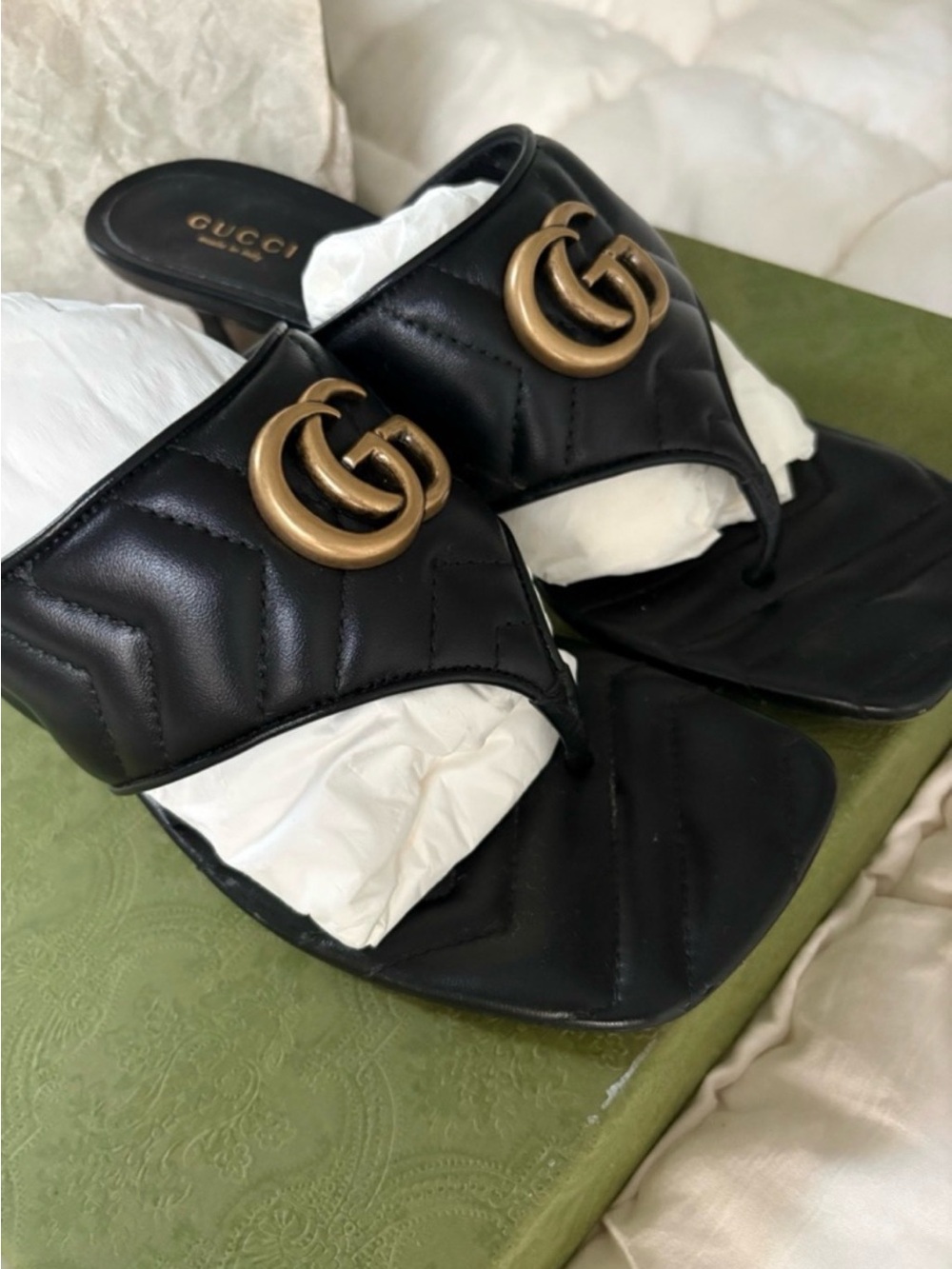 Gucci Black Quilted Leather Thong Mules with Gold Double G